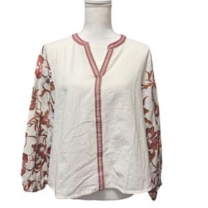 Calypso Floral Embroidered Cotton Flax Peasant Blouse White Boho Womens Largr
